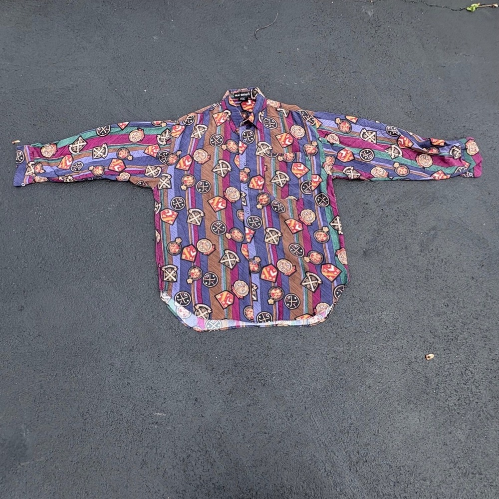 Vintage Silk Society 100% Silk Baroque Crest Stripe Button Shirt Mens M